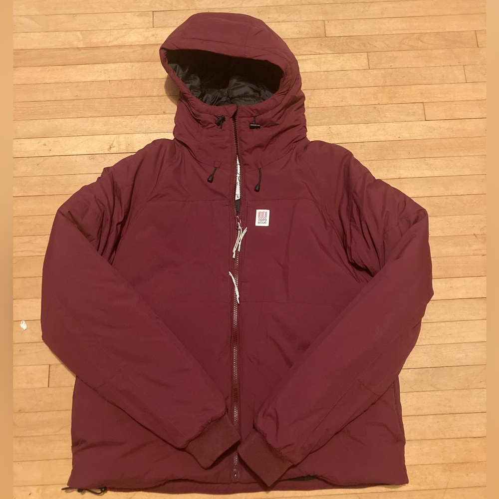 Topo Designs Women’s Mountain Puffer Hoodie Coat, Size L, Red/Wine